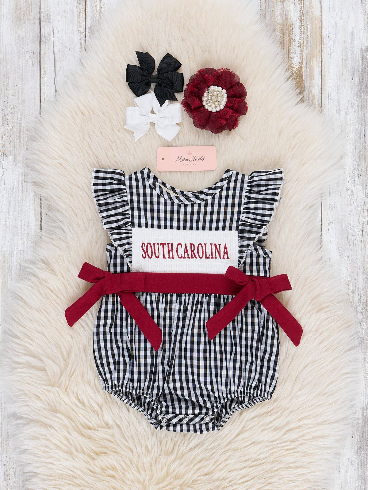 South Carolina Smocked Gingham Bubble Romper