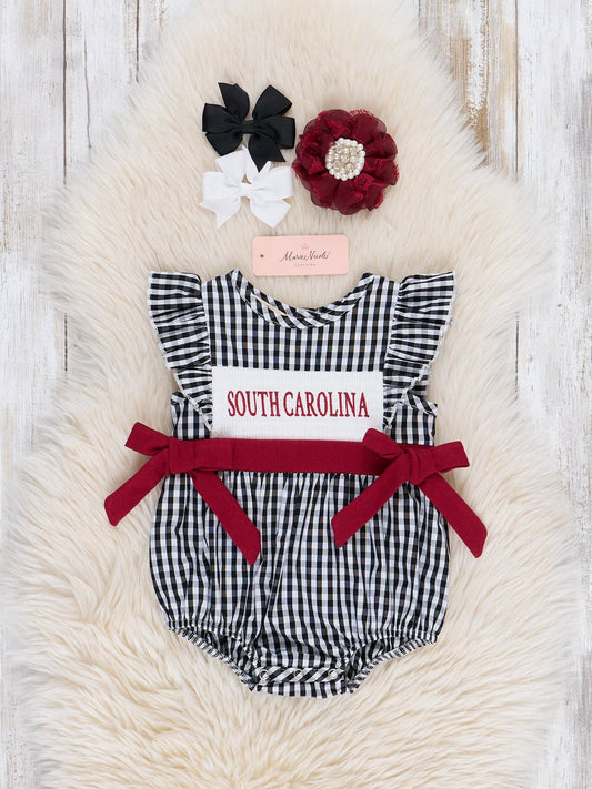 South Carolina Smocked Gingham Bubble Romper