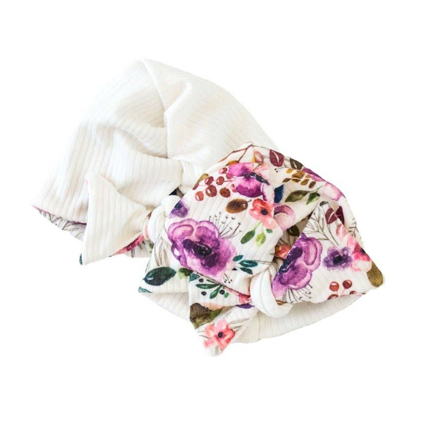 RUCHED BEANIE WITH BOW: Dusty Roses / 0-6m