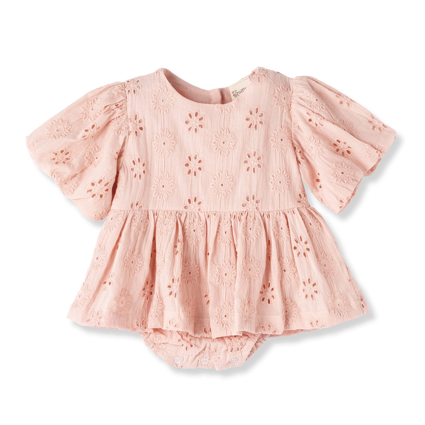 Eleanor Pink Eyelet Skirted Puff Sleeve Bodysuit: 0-3M
