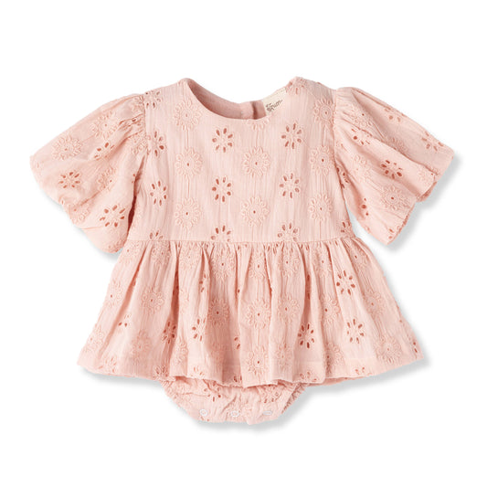 Eleanor Pink Eyelet Skirted Puff Sleeve Bodysuit: 0-3M