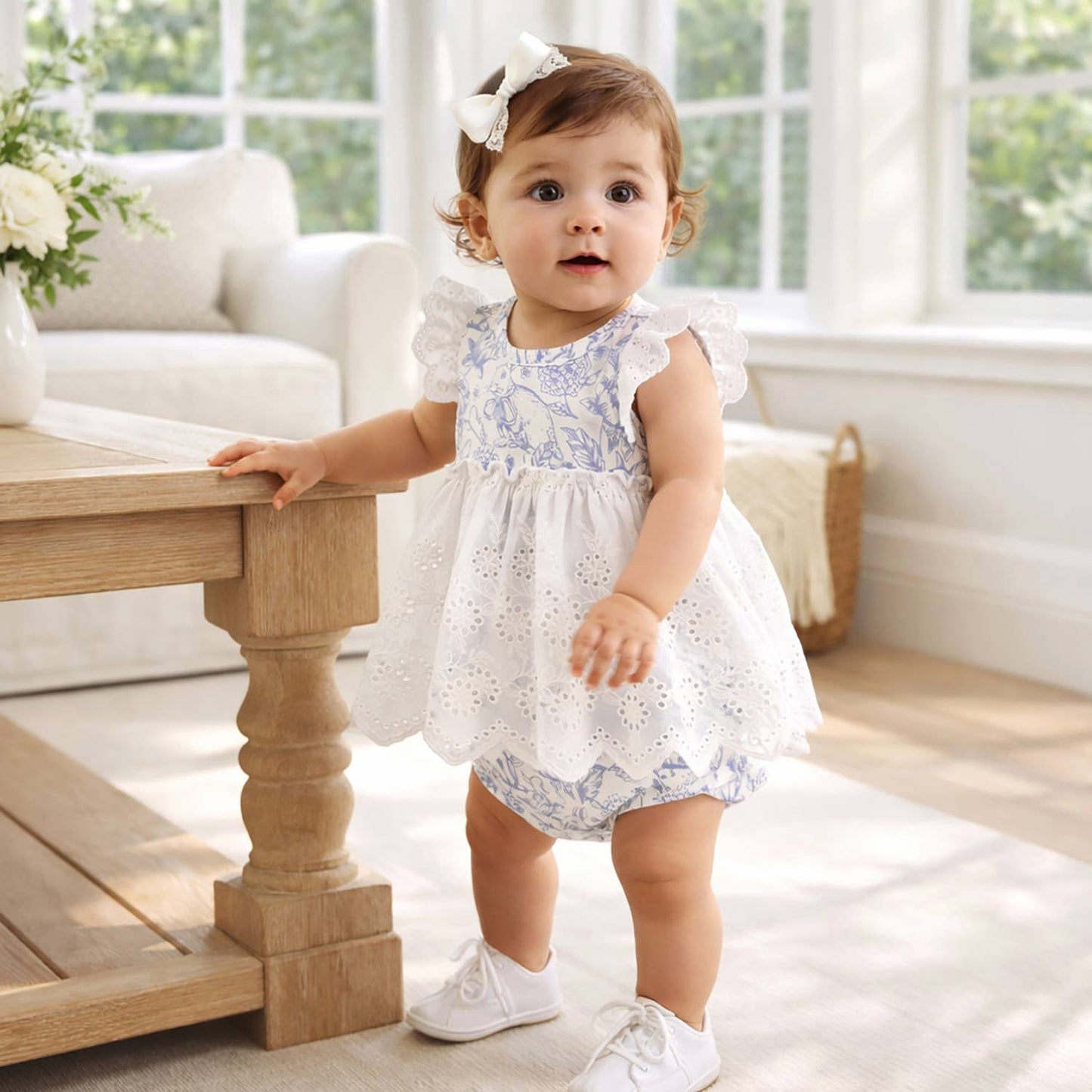 Easter Bamboo Bunny Toile Eyelet Skirted Bodysuit