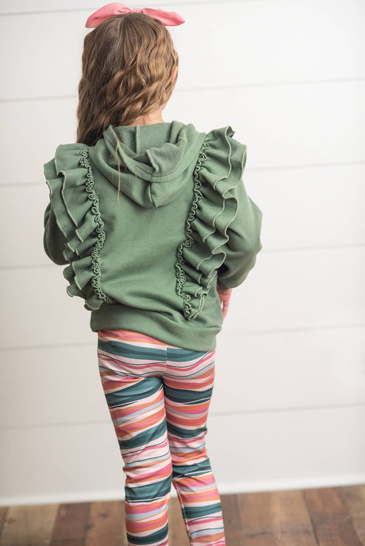 Kids Sage Double Ruffle Button Hoodie & Stripe Leggings Set: