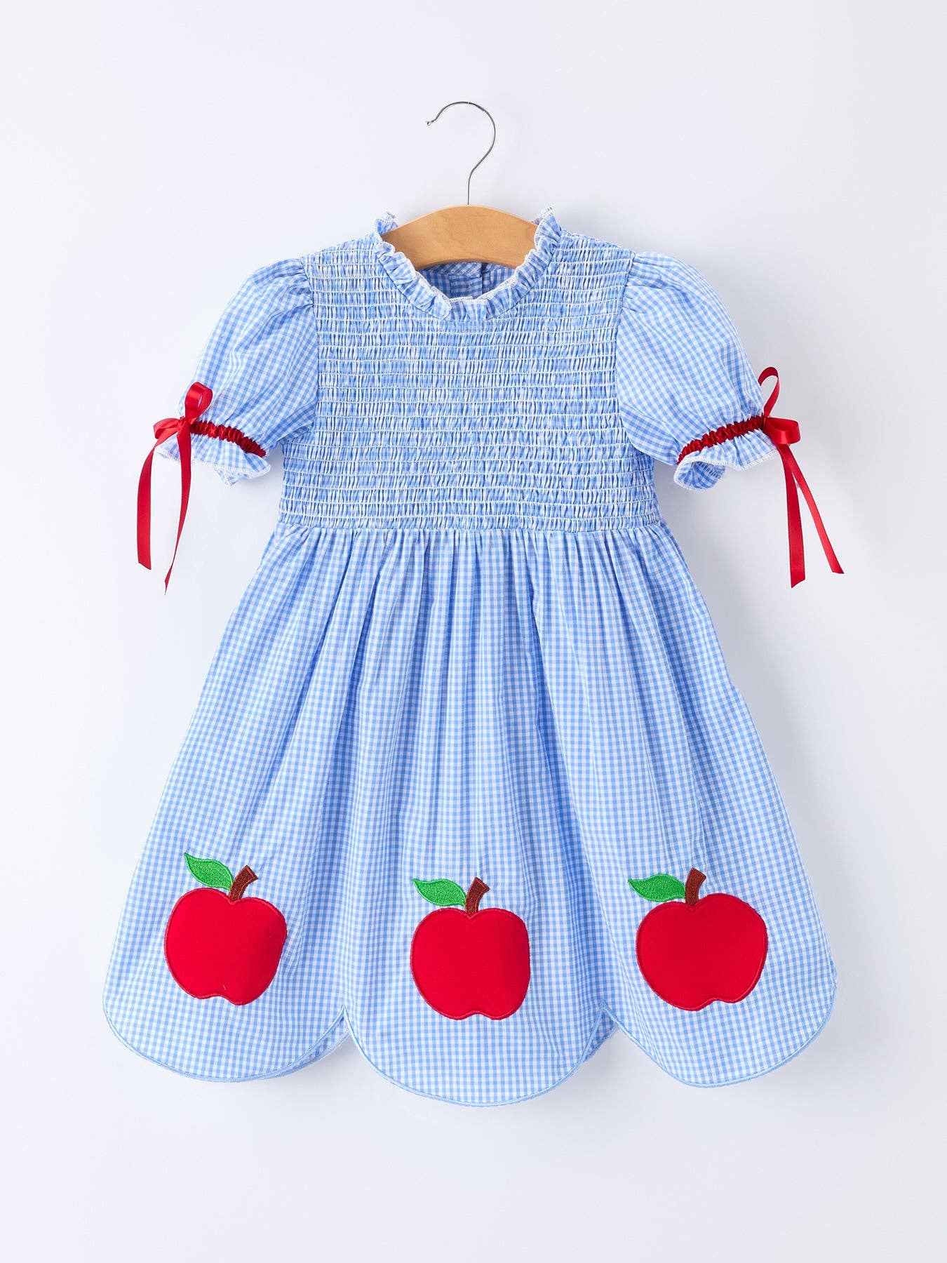 Back To School Apple Applique Plaid Girls Dress Smocked: 5