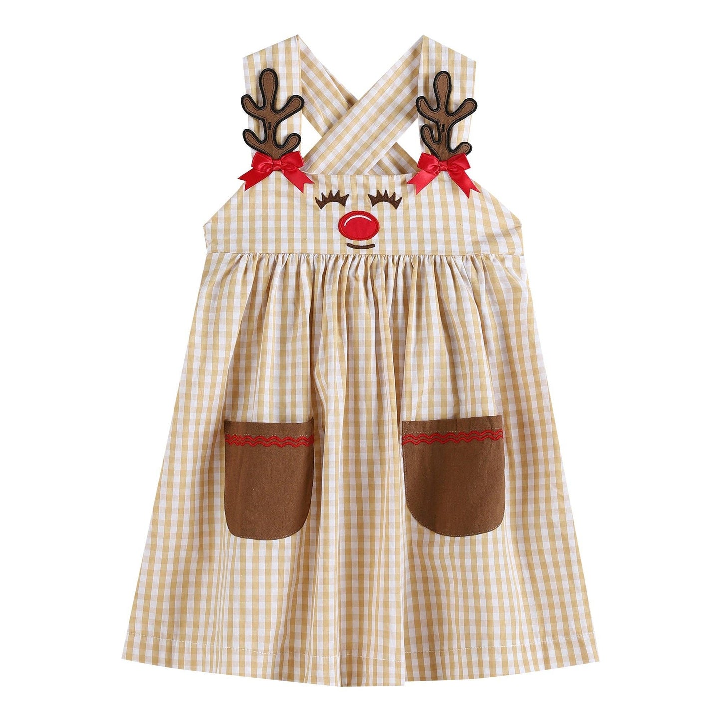 Fawn Brown Gingham Reindeer Pocket Jumper Dress: 3-6M