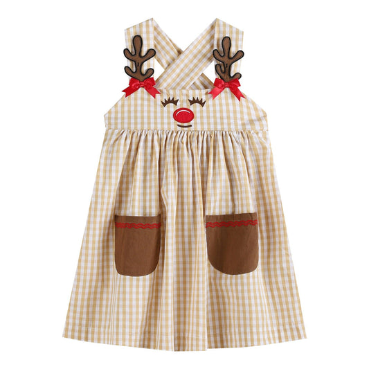 Fawn Brown Gingham Reindeer Pocket Jumper Dress: 3-6M