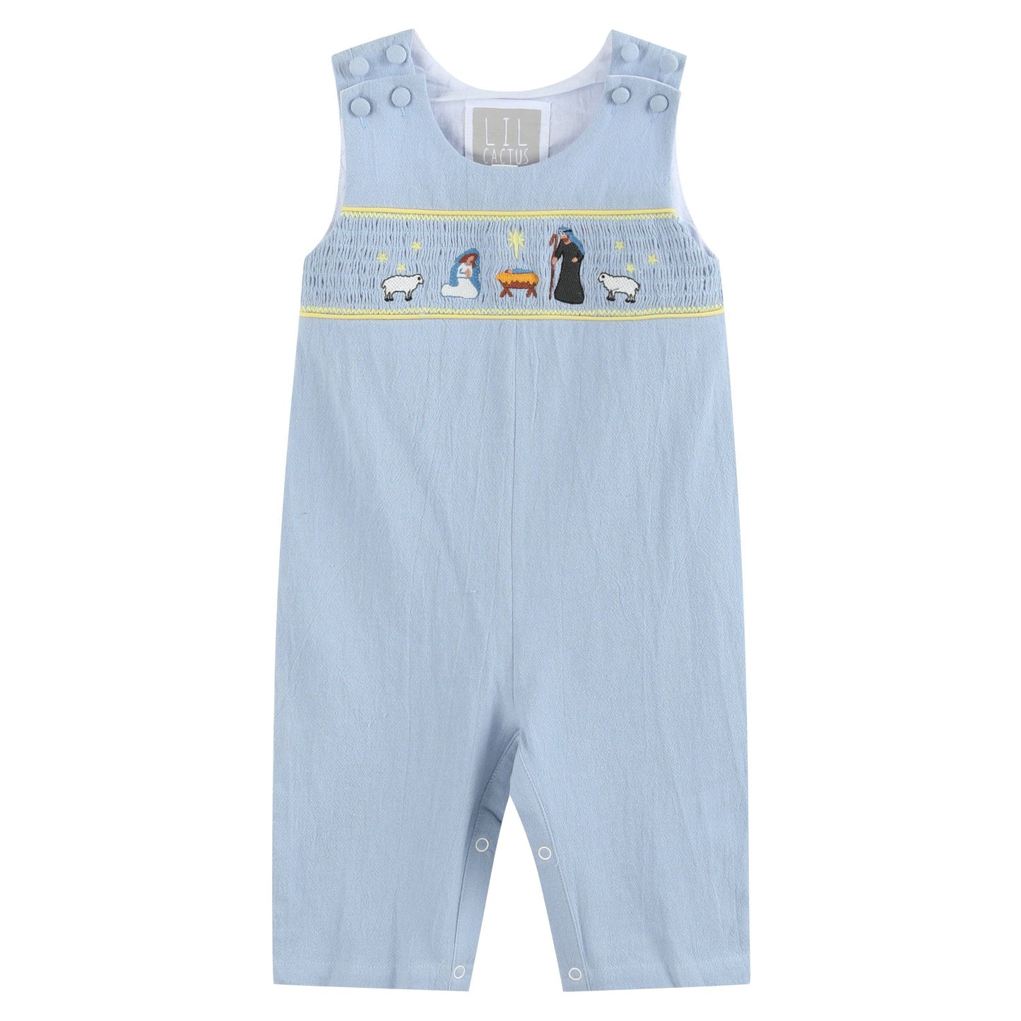 Light Blue Nativity Smocked Overalls: 3-6M