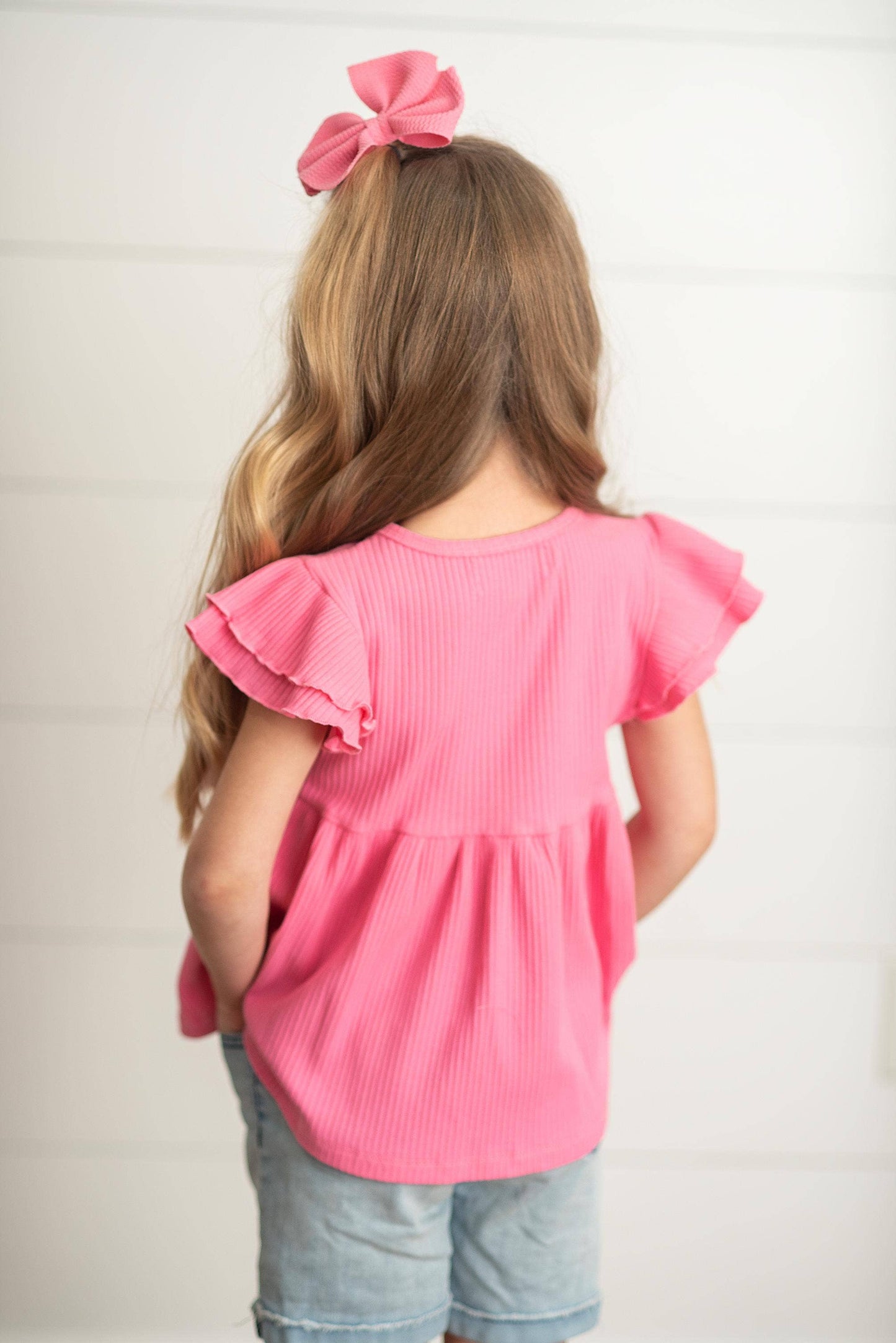 Kids Bright Pink Double Ruffle Flutter Sleeve Summer Shirt: