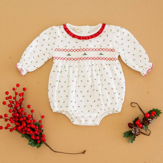 Winter Berries Smocked Long Sleeve Bubble by Luna and Arlo: 12 Months