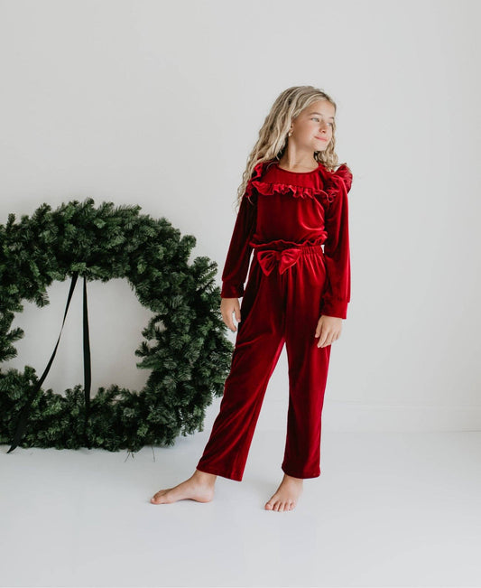 Girls Red Burgundy Velvet Christmas Holiday Pant Set: