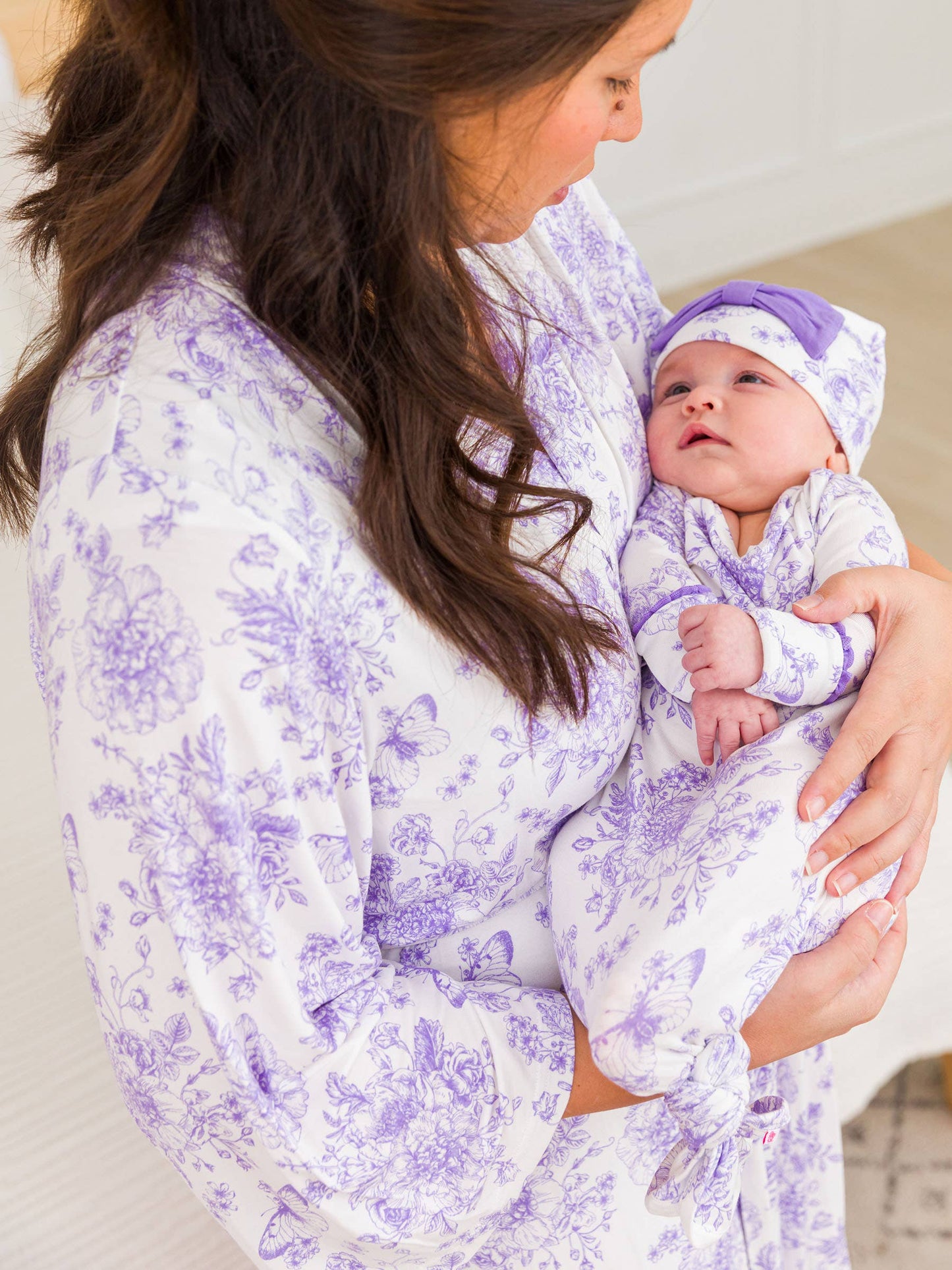 Women's Wisteria Purple Butterfly Garden Toile Bamboo Viscose Mommy & Me Maternity Robe and newborn gown set