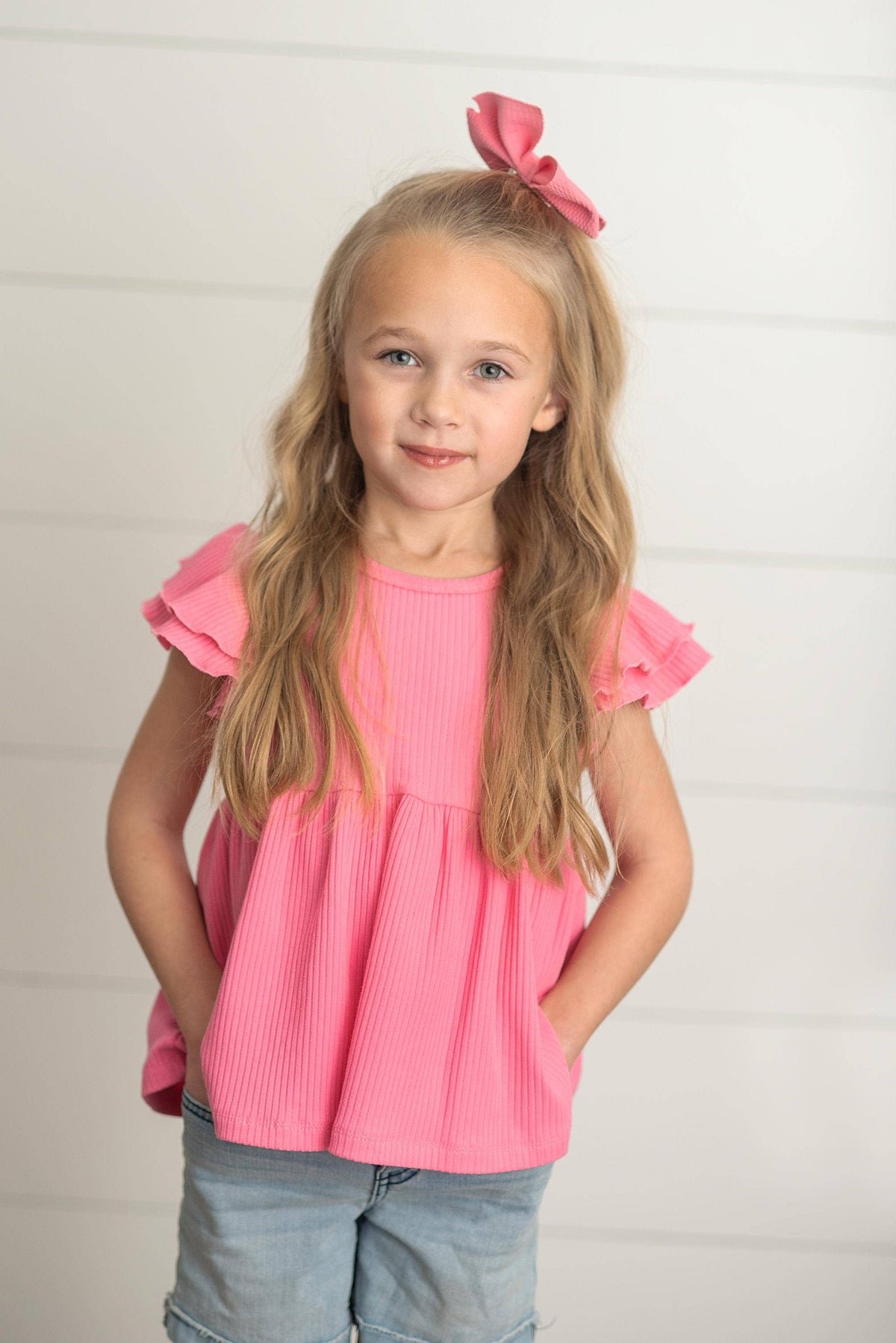 Kids Bright Pink Double Ruffle Flutter Sleeve Summer Shirt: