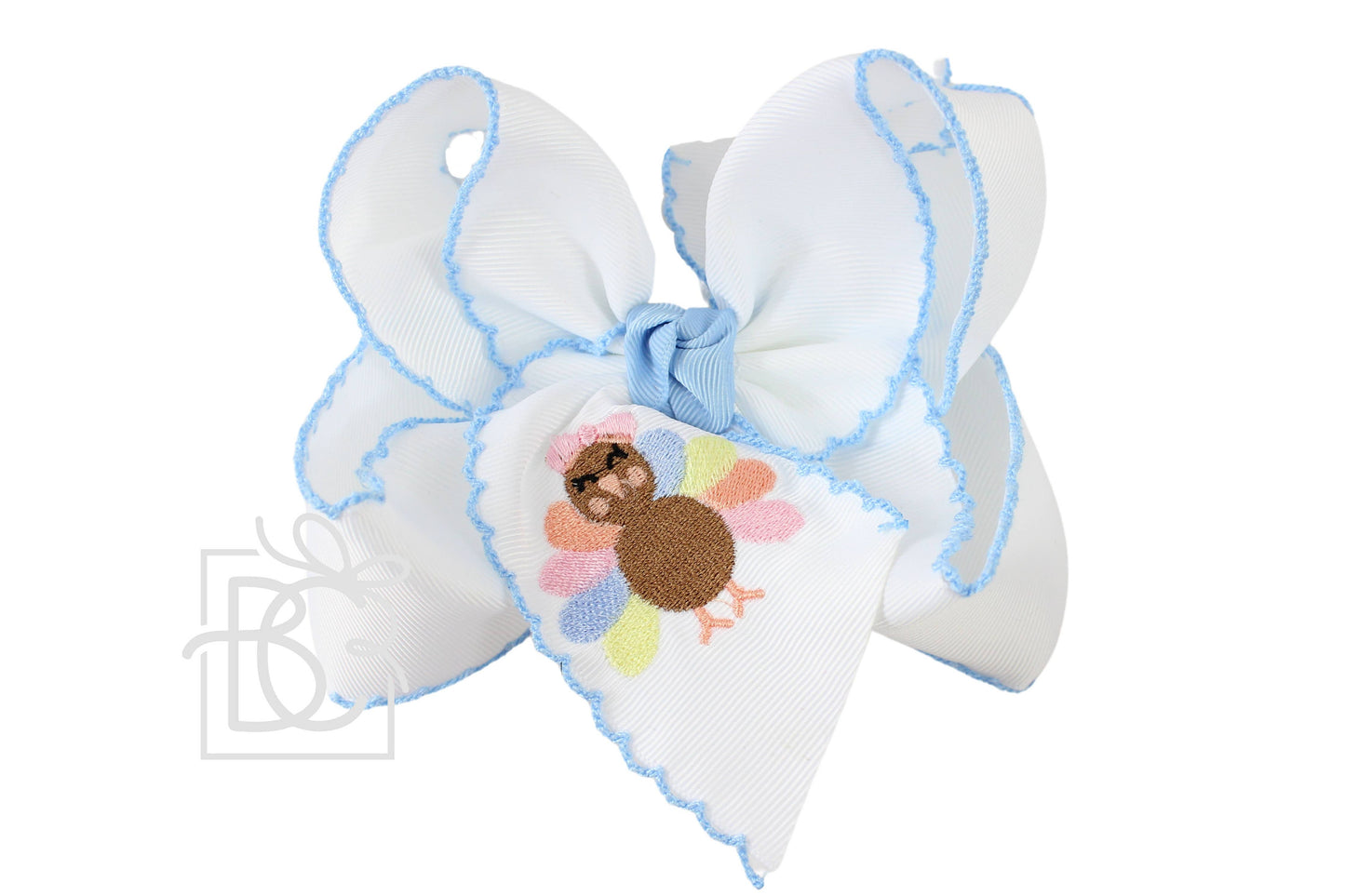 EMBROIDERED TURKEY 5.5" HUGE CROCHET EDGE HAIR BOWS: White w/ Orange Crochet Edge