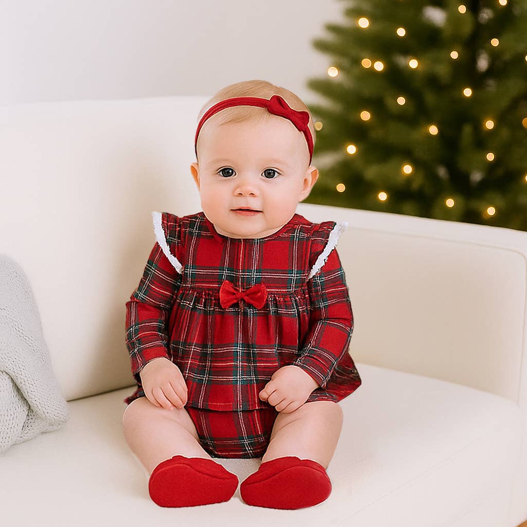 Christmas Bamboo Baby Skirted Bodysuit – Red Tartan Plaid
