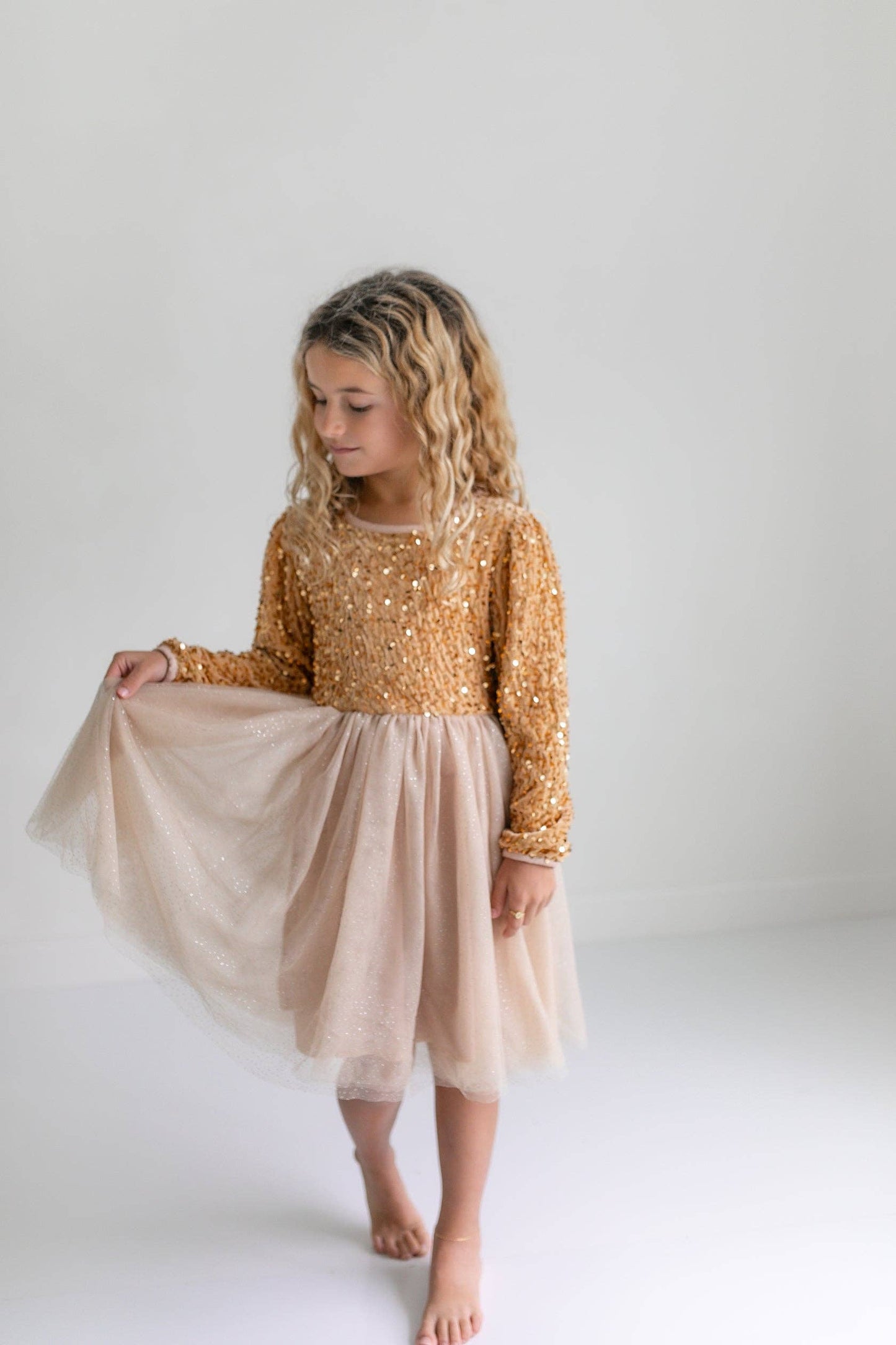 Kids Sequin Champagne Holiday Fancy Sparkle Tulle Dress