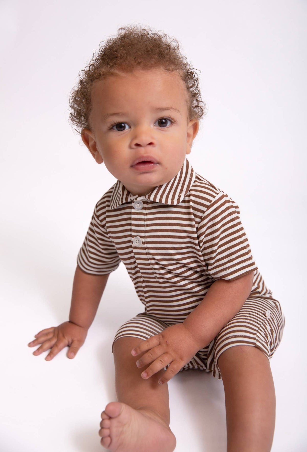 Chocolate Stripes - SS Polo Romper: 6-12mo