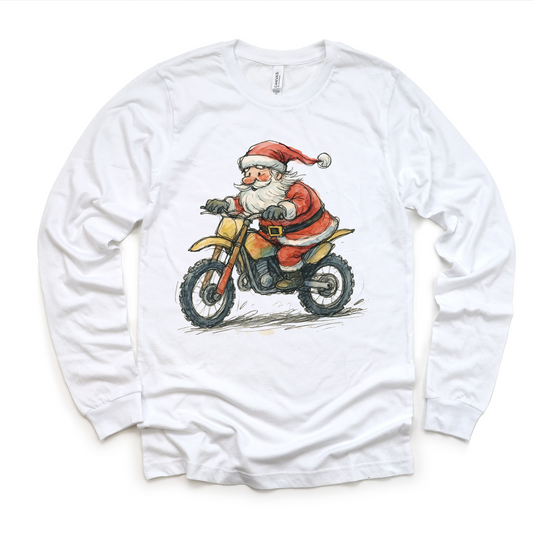 Santa Riding A Motocross Dirt Bike T-Shirt - Kids Christmas Tee: White Long Sleeve Tee / 6/8 Youth Small