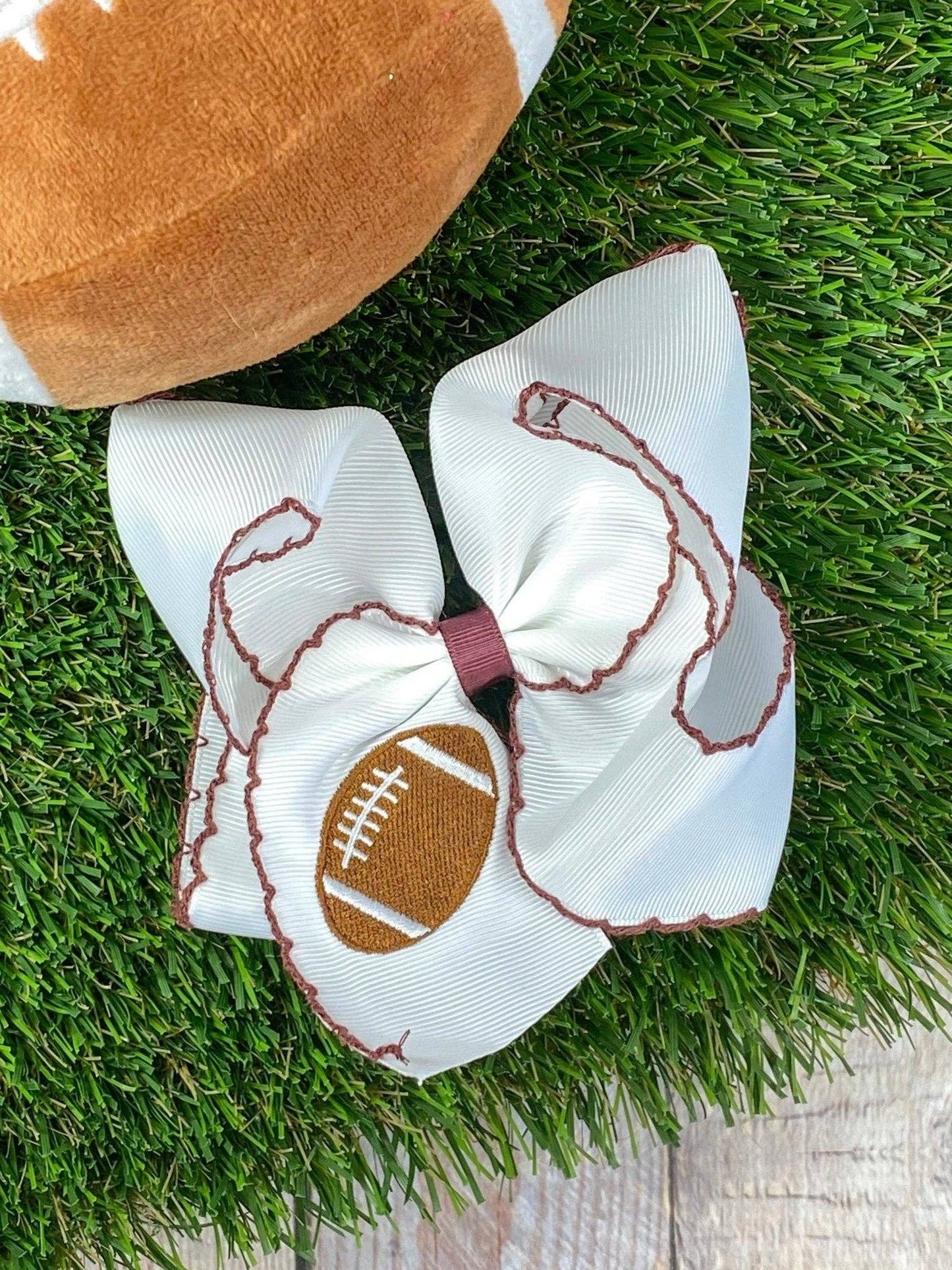 Football Embroidered Moonstitch Hair Bow | Clip or Headband: Orange/White / Clip