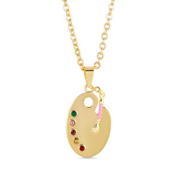 Art Palette and Brush With Crystals Necklace
