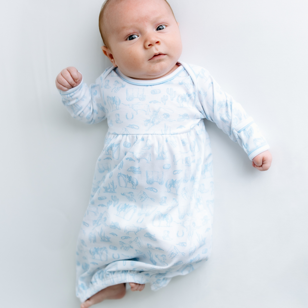 Wild West Toile Gathered Gown - Light Blue: 3 Months