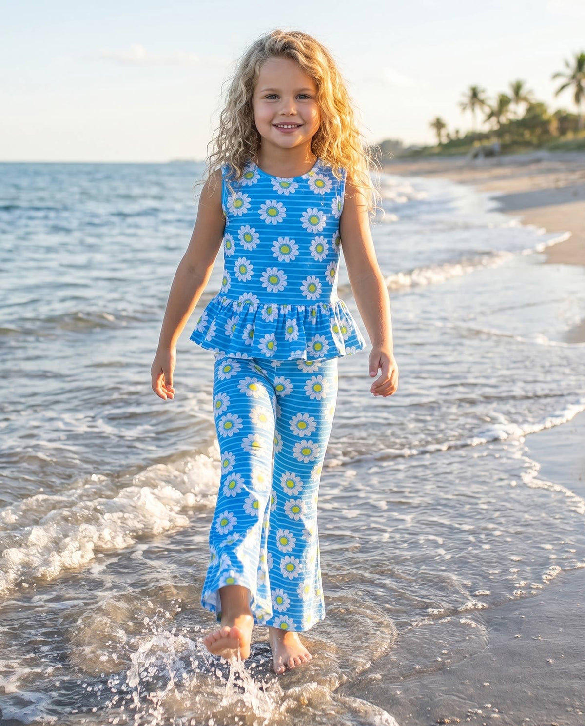 Girls Blue Striped Daisy Spring Summer Pant Set