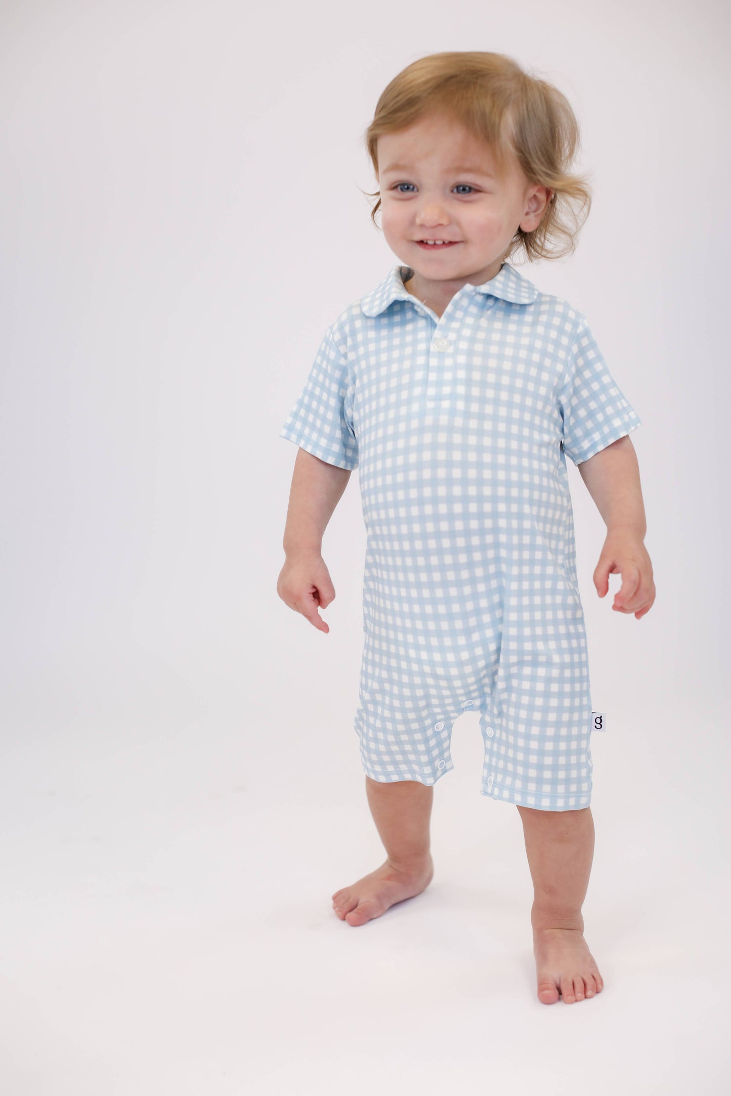 Baby Blue Gingham- Short Sleeve Polo Romper: 6-12 mo