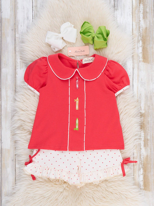 Classroom Crayon Embroidered Collar Ruffle Outfit