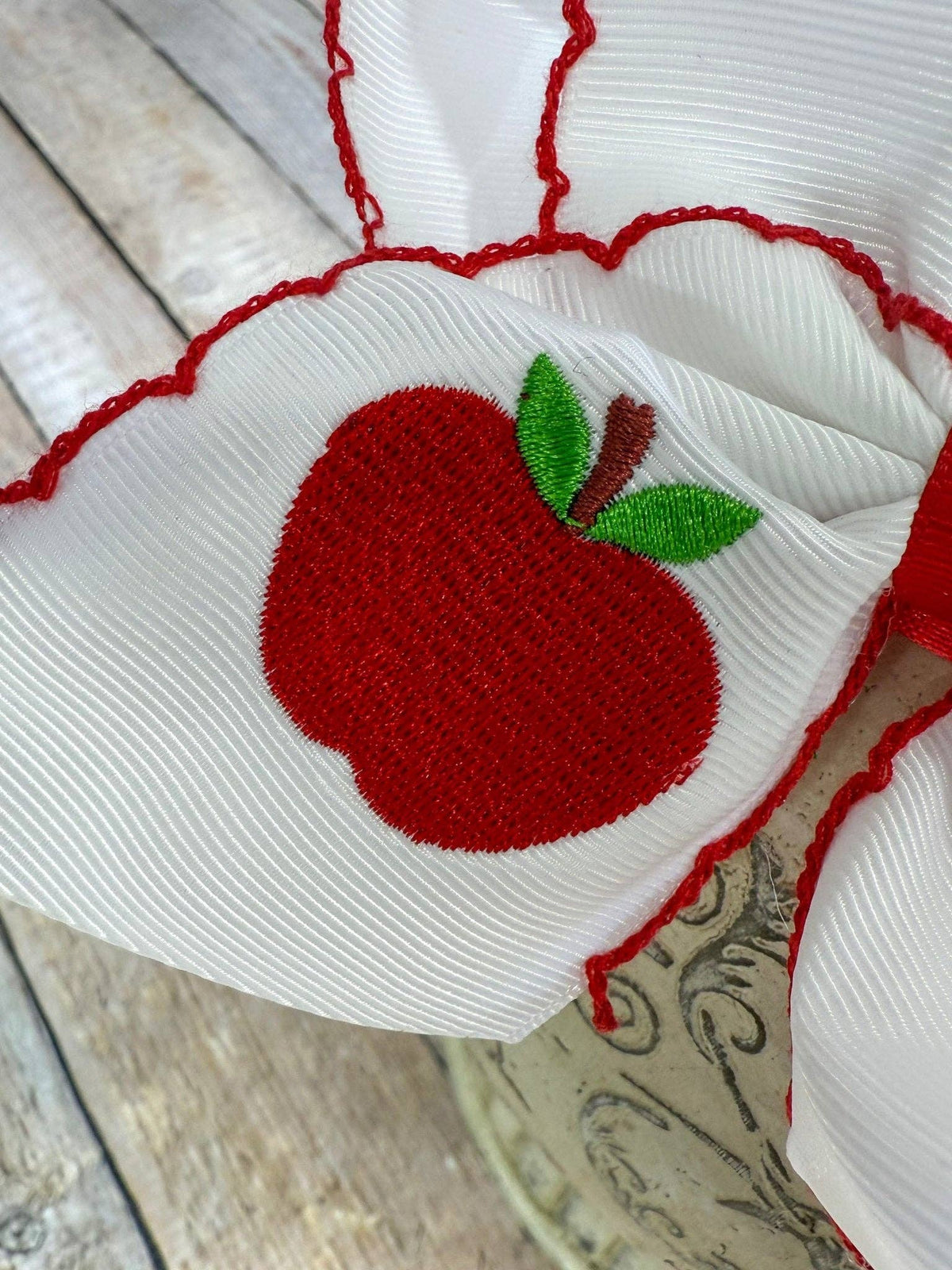 White Apple Embroidered Moonstitch Hair Bow | Clip or Headband: Clip