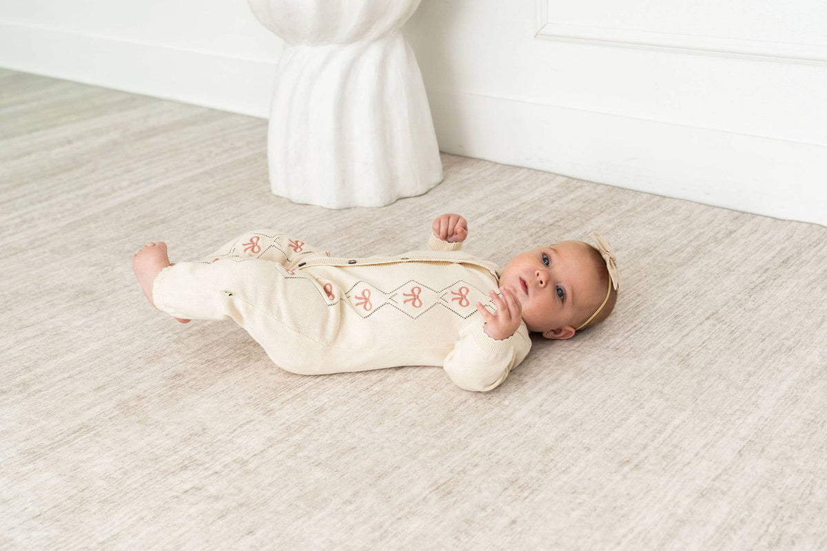 Evie Bow Pointelle Knit Baby Jumpsuit (Organic Cotton): Ecru