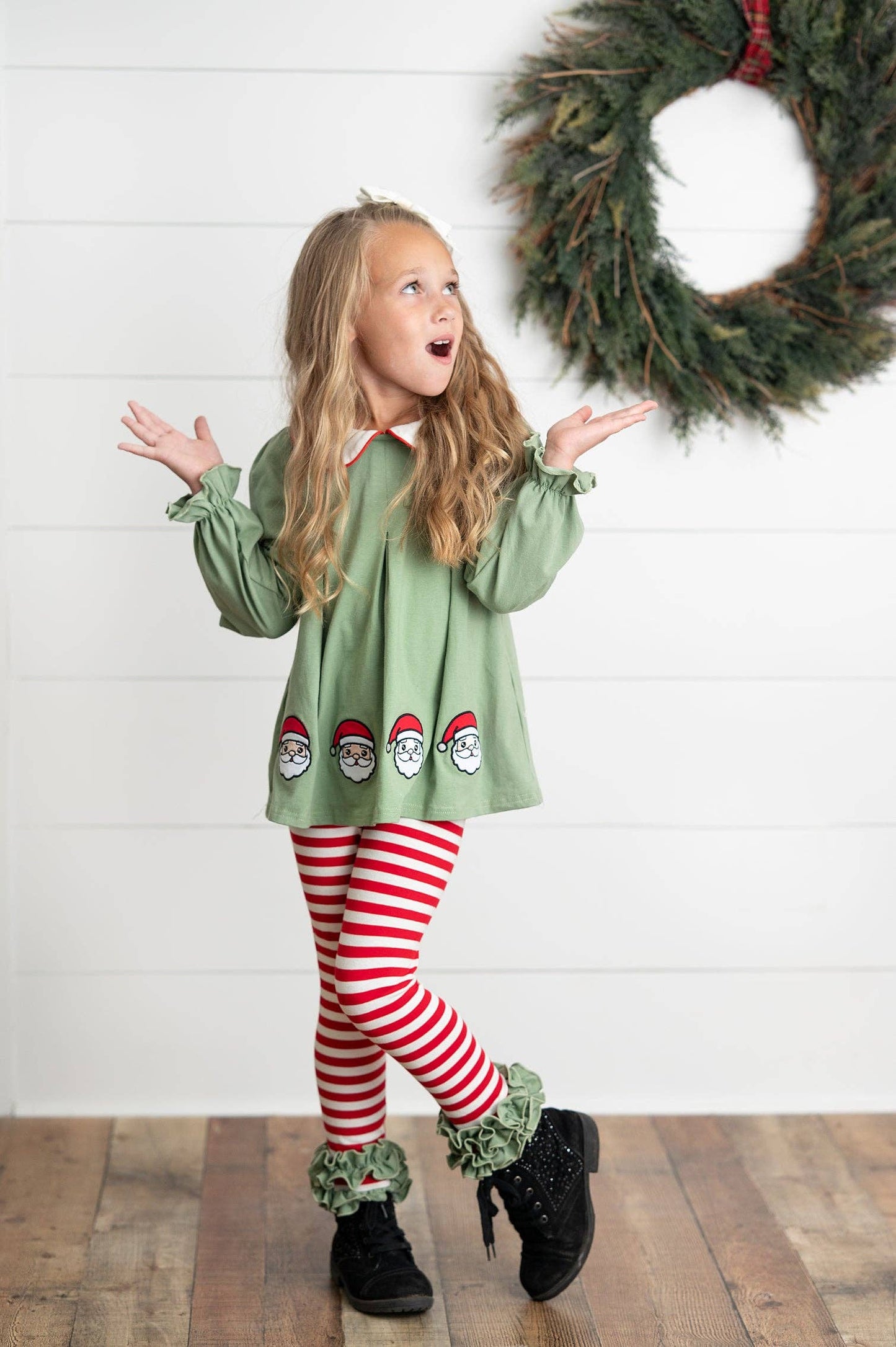 Kids Christmas Candy Cane Stripe Santa Ruffle Legging Set
