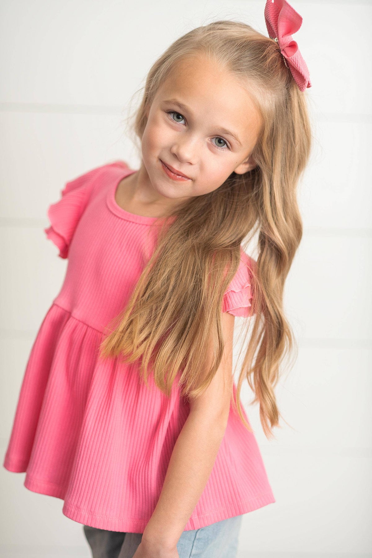 Kids Bright Pink Double Ruffle Flutter Sleeve Summer Shirt: