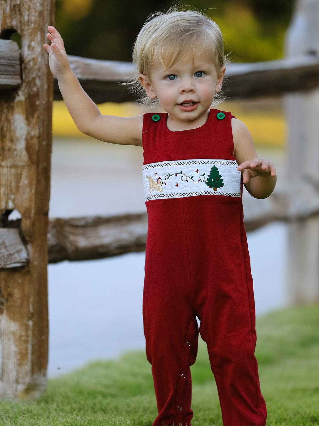Christmas Tree Dog Smocking Embroidered Baby Boys Romper: 3M