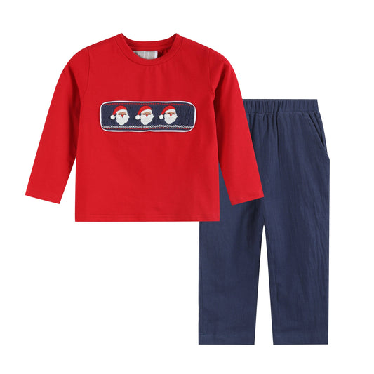 Red Santa Smocked Shirt and Navy Pants Set: 5Y