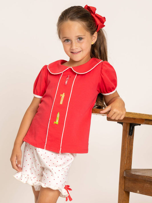 Classroom Crayon Embroidered Collar Ruffle Outfit