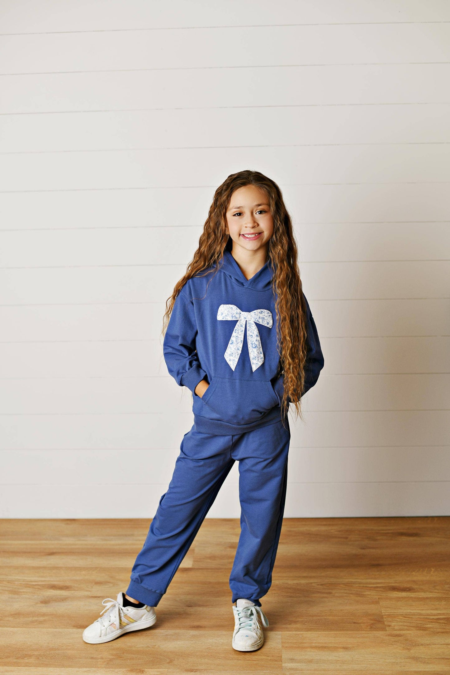 Girls Blue Bow Front Fall Winter Comfy Hooded Sweat Set