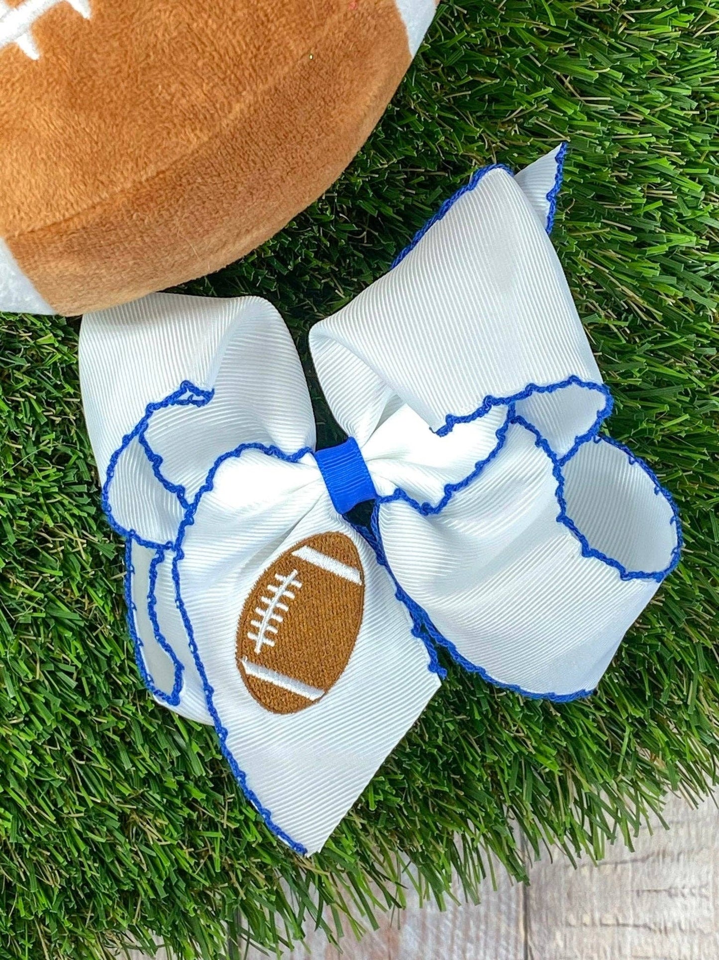 Football Embroidered Moonstitch Hair Bow | Clip or Headband: Orange/White / Clip