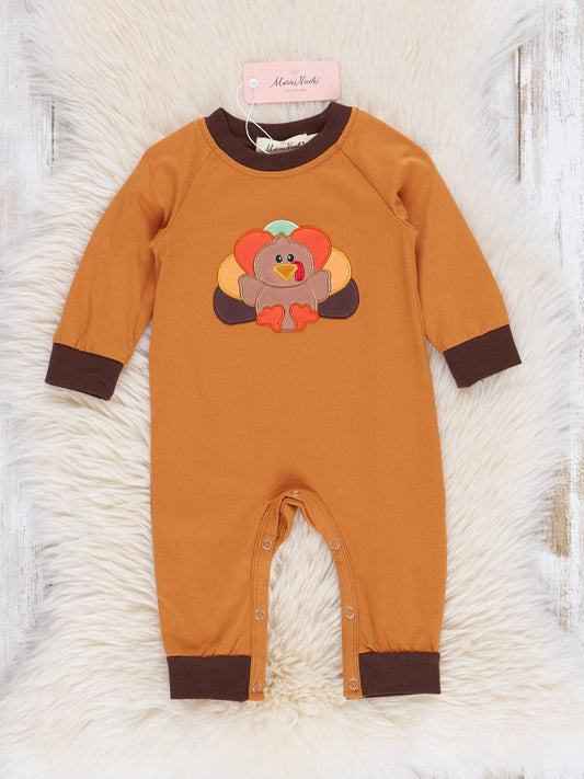 Orange & Brown Embroidered Turkey Romper
