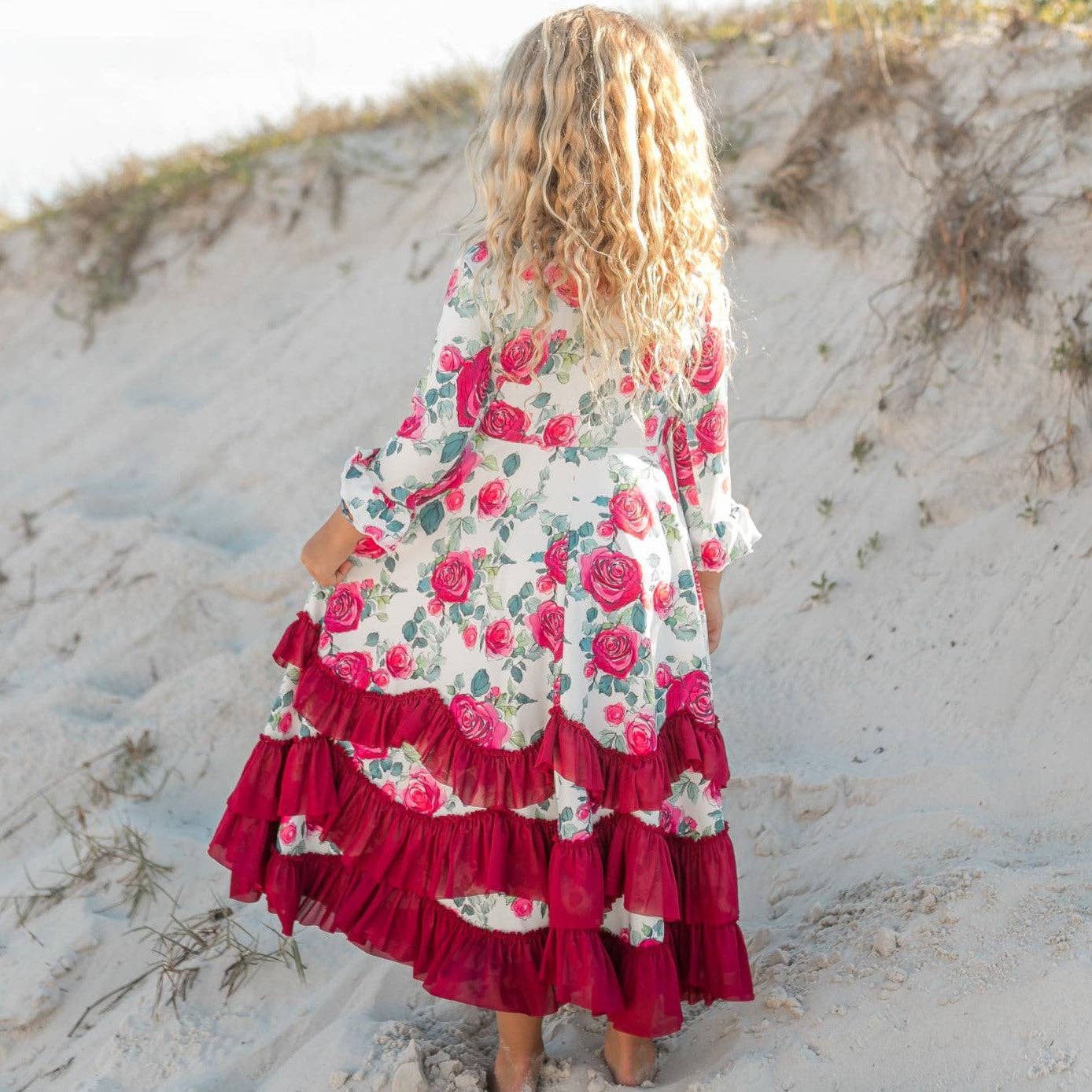 Kids Wine Rose Long Sleeve Ruffles Dress: 10/12