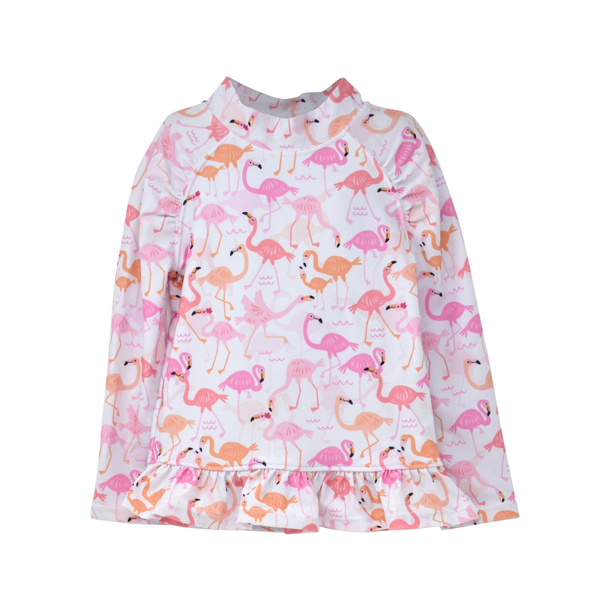 Kids UPF50+ Ruffle Rash Guard Swim Top for Girls (H): Flamingo Love and Azalea Pink Bottoms