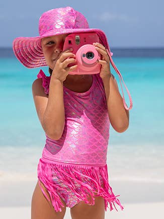 Kids UPF50+ Keilani Fringe Swimsuit for Girls: Shiny Pink Scales