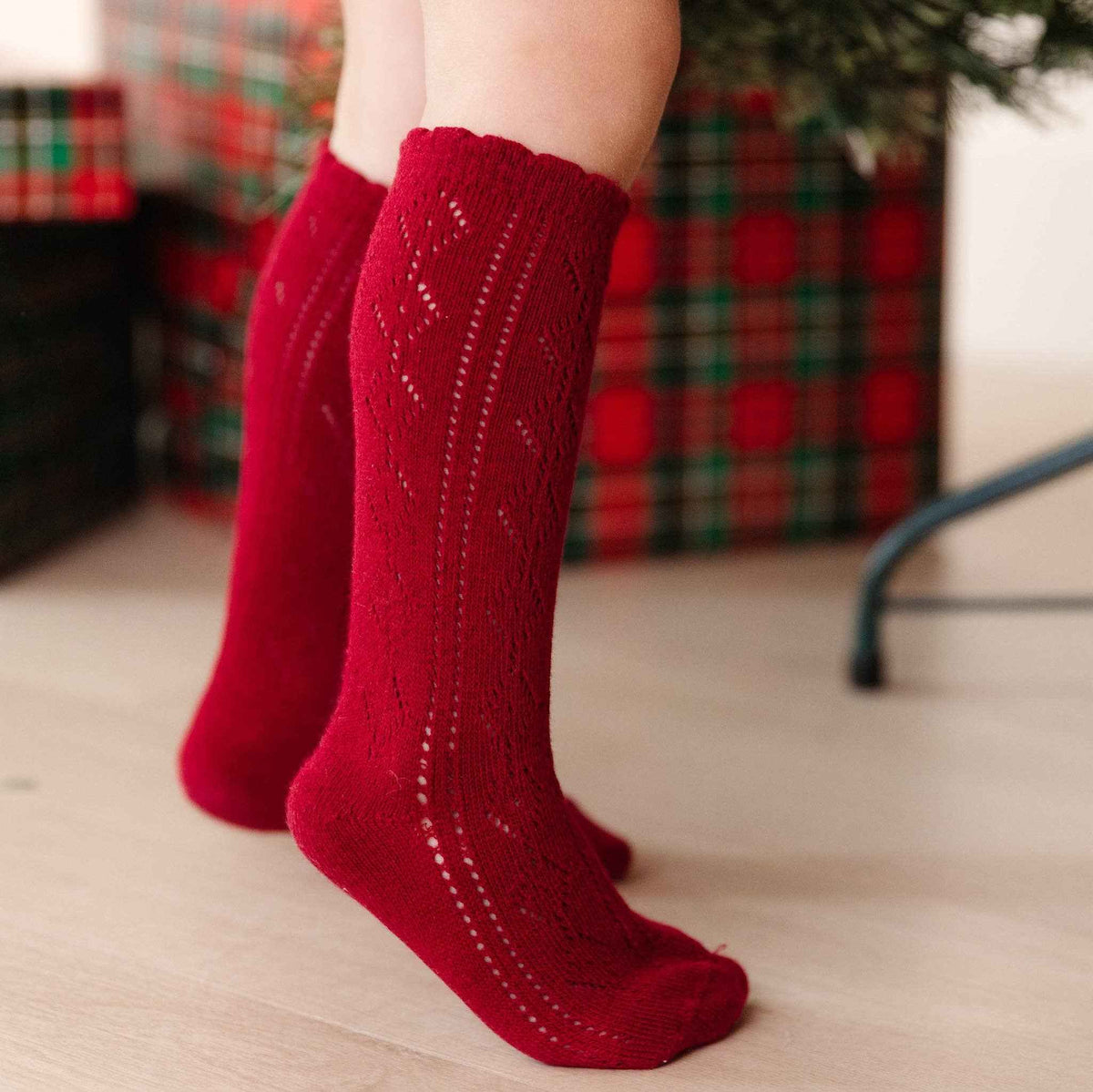 Scalloped Fancy Knee High Socks - Crimson: 0-6 MONTHS