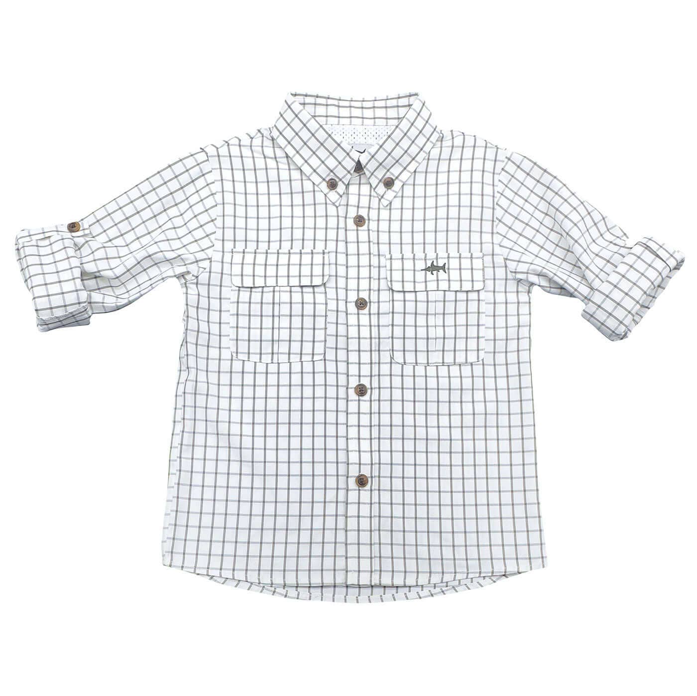 Flagler Boys Fishing Shirt Olive & White Plaid: Olive & White Plaid