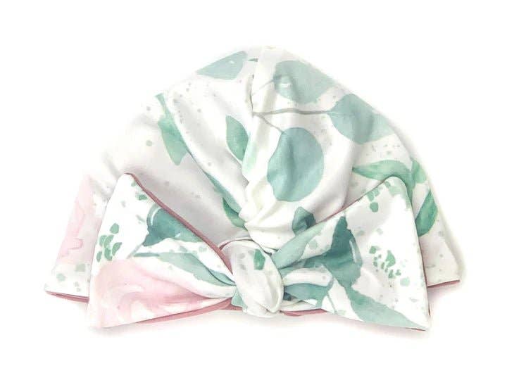RUCHED BEANIE WITH BOW: Dusty Roses / 0-6m