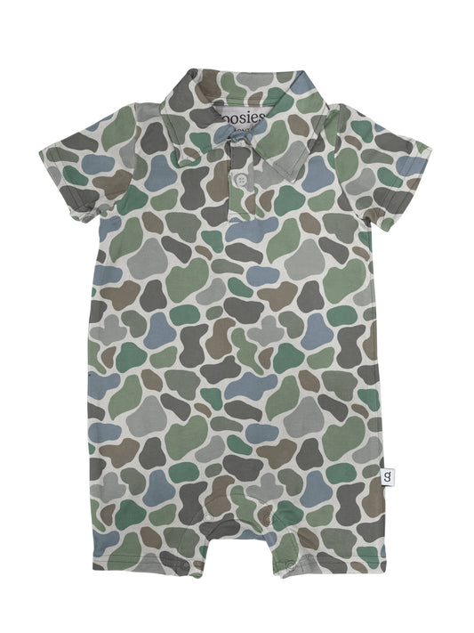 Pebble Camo - SS Polo Romper: 6-12 months