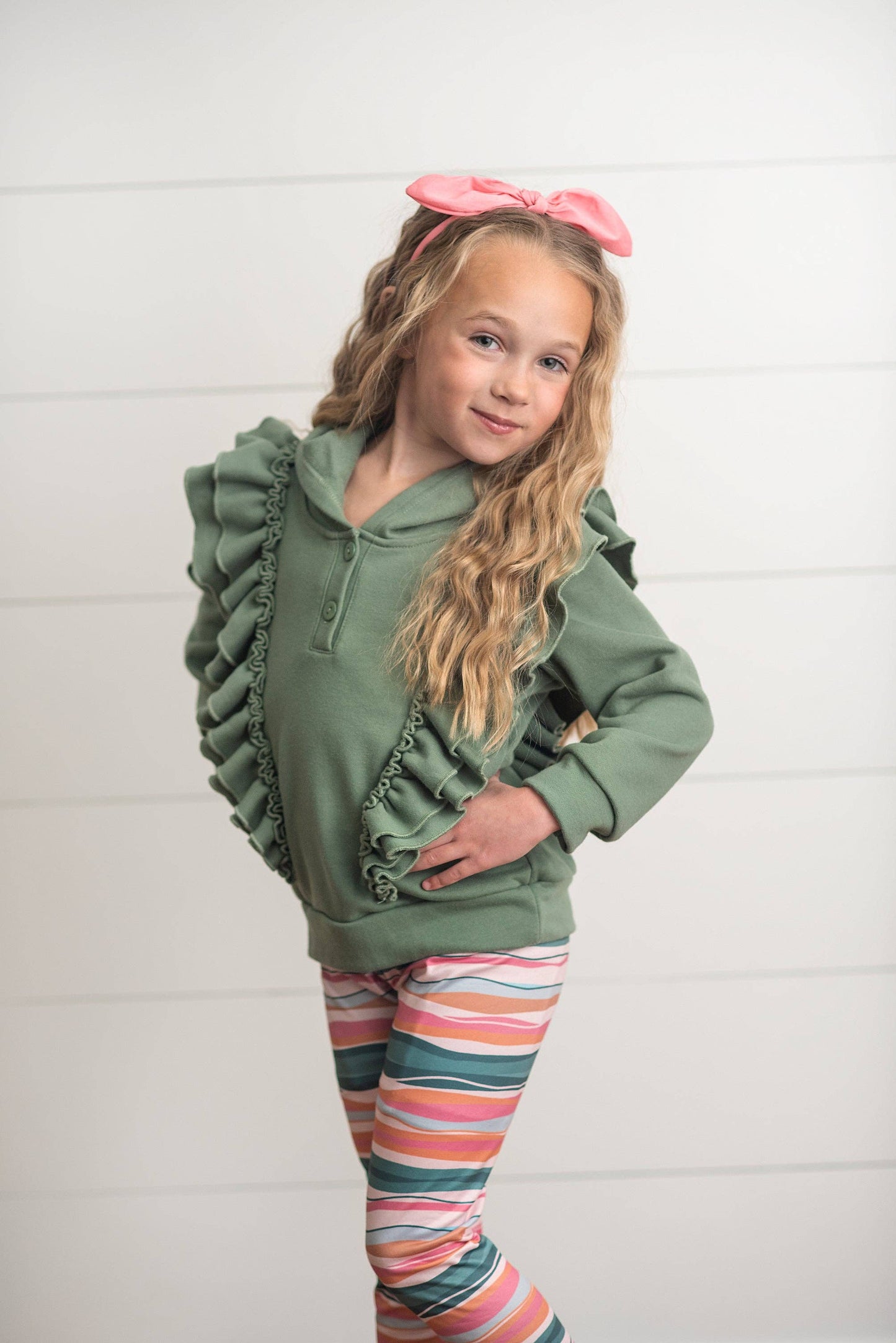 Kids Sage Double Ruffle Button Hoodie & Stripe Leggings Set: