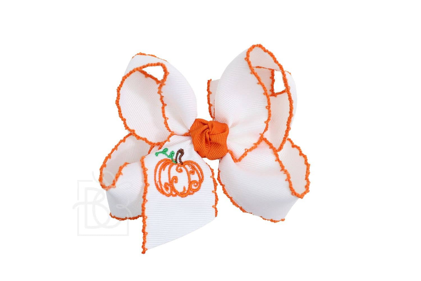 Embroidered Pumpkin Crochet Edge Bow: White-Millennium Blue Crochet Edge w/ Embroidered Orange Pumpkin / 5.5" Huge - 2.25" Crochet Edge Grosgrain Ribbon