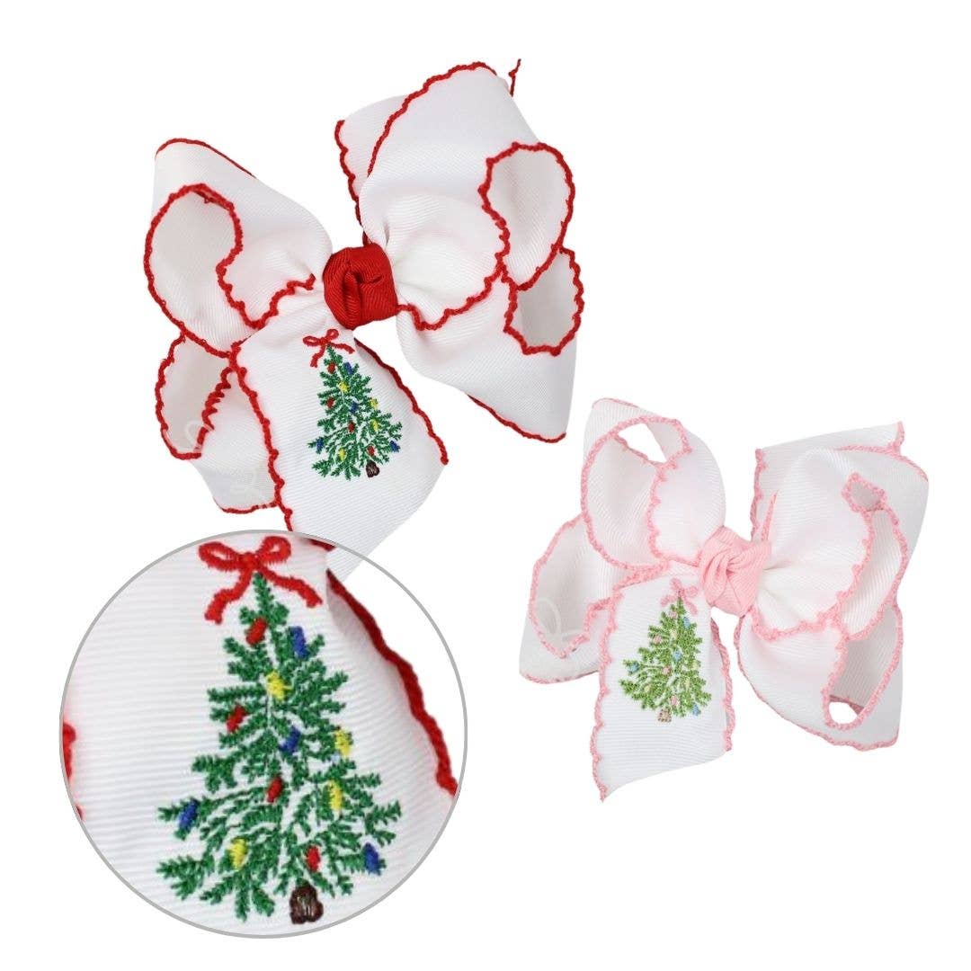EMBROIDERED CHRISTMAS TREE CROCHET EDGE BOWS: White w/ Red Crochet Edge / 4.5" Large