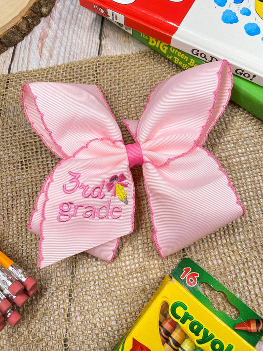 School Grade Embroidered Pencil Moonstitch Bow | Pre-K to 5th Grade: 3rd Grade