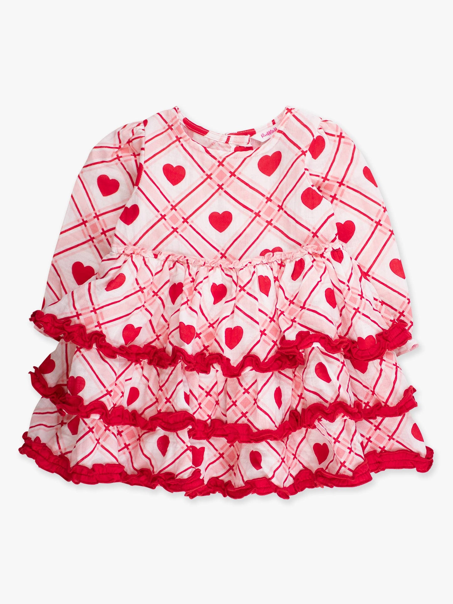 Girls Pink Sweetheart Plaid Cotton Gauze Tiered Ruffle Dress: Pink