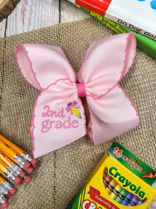 School Grade Embroidered Pencil Moonstitch Bow | Pre-K to 5th Grade: 2nd Grade